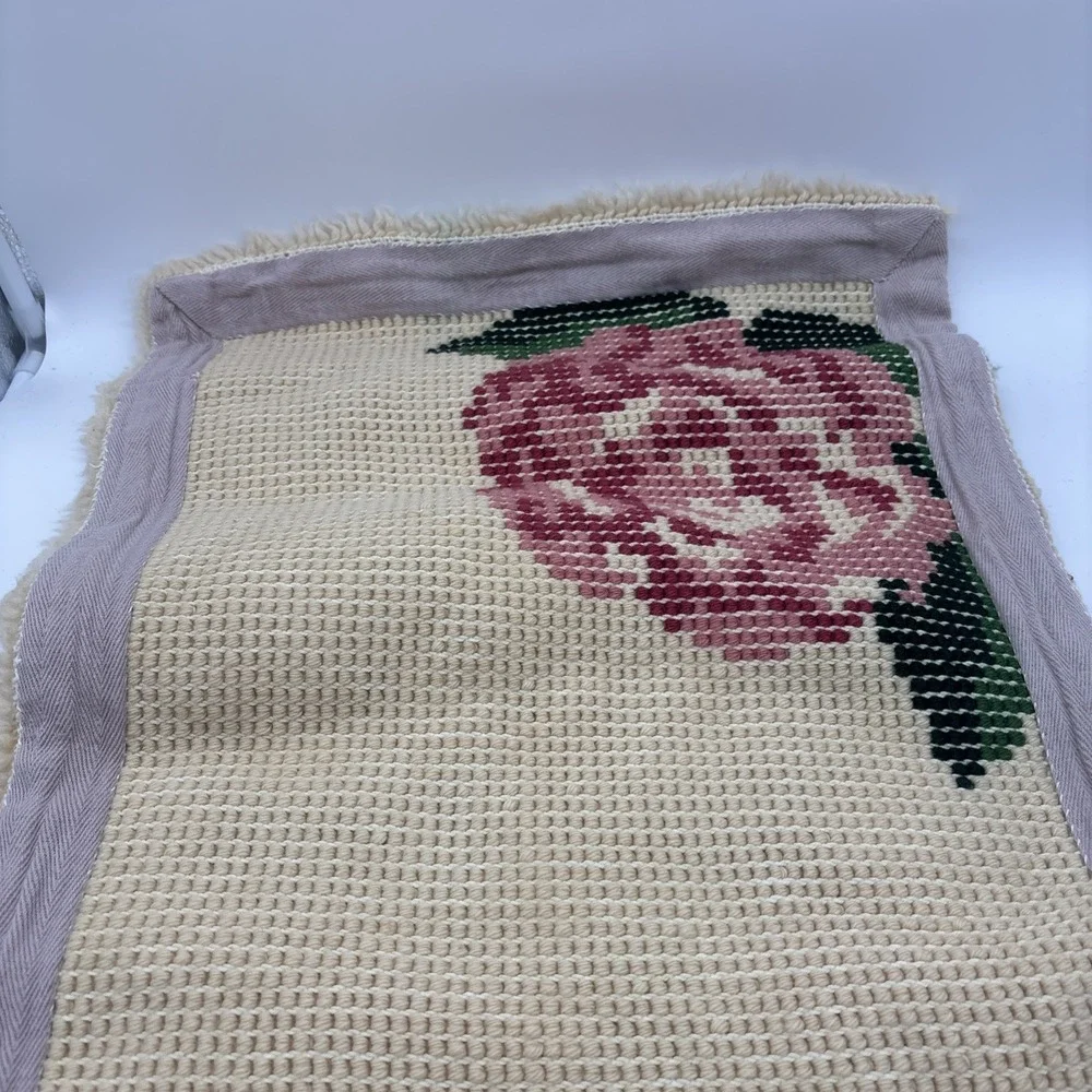 Vintage Latch Hook Red Cream Color Rug‎ With Floral Design